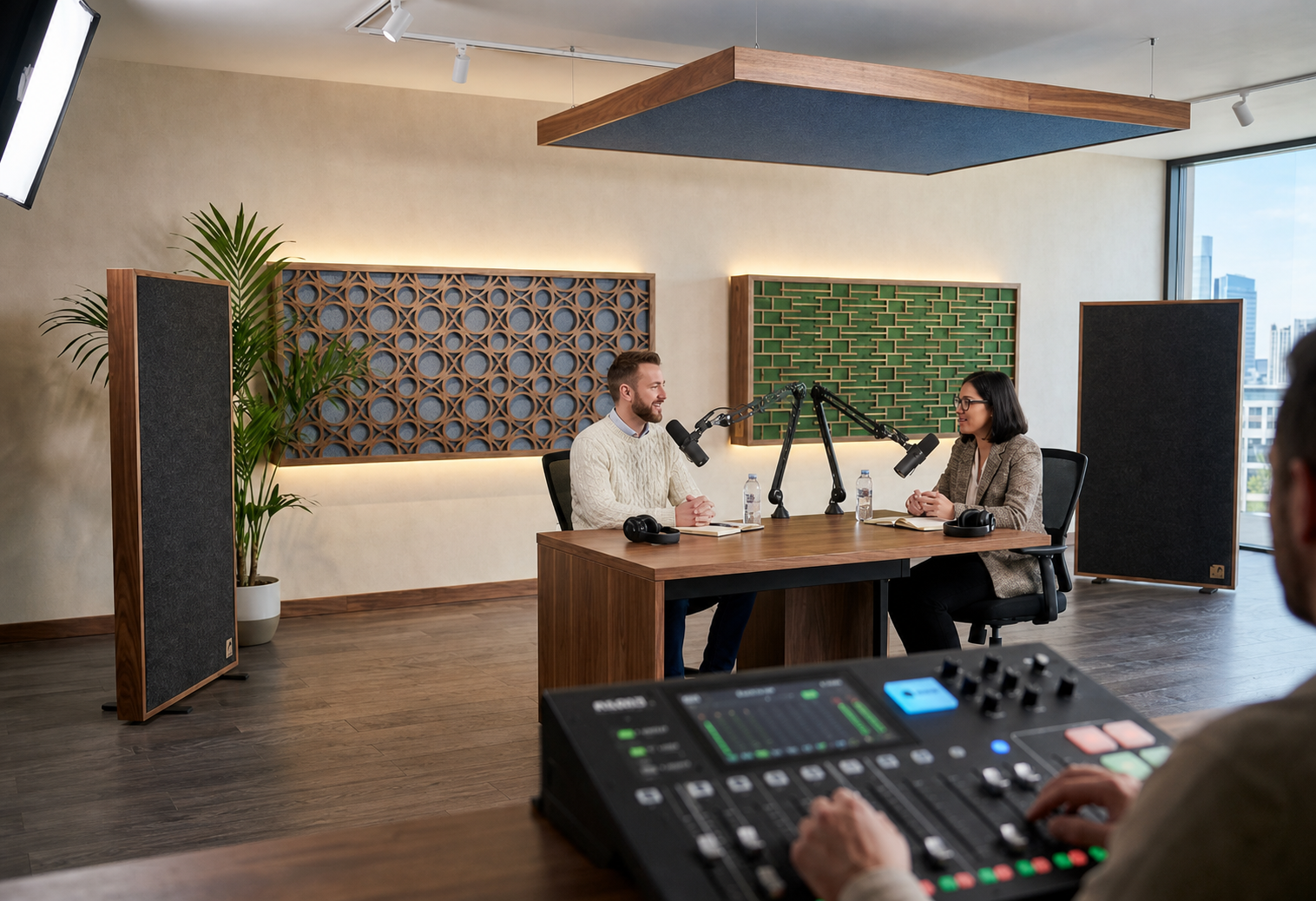 A finished production environment with warm timber, decks and studio equipment.